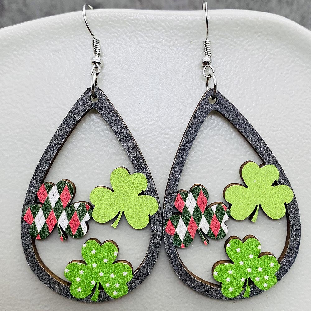 Wholesale St. Puckett Festival  Clover Green Rainbow Dwarfs Wooden Earrings