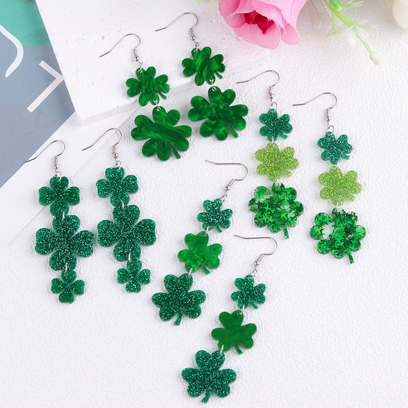 Wholesale Shamrock  St.  Patrick Glitter Lucky Grass  Acrylic Earrings
