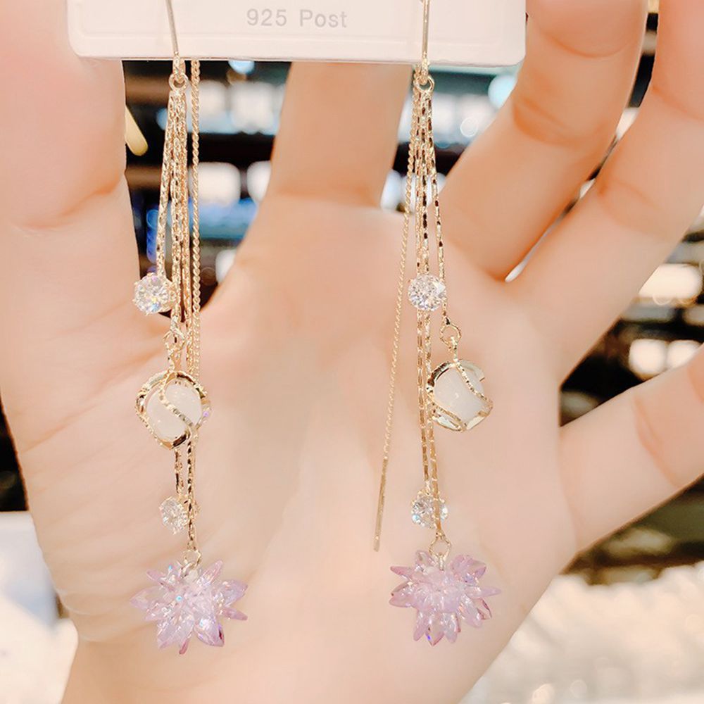 Wholesale S925 Silver Needle Ice Flower Crystal Cat's Eye Stone Tassel Earrings