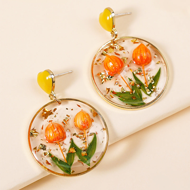 Wholesale Everlasting Flower Epoxy Yellow Flower Bud Earrings
