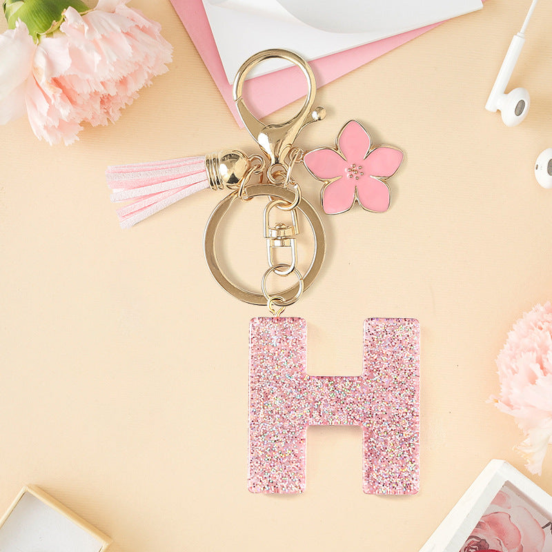 Wholesale Pink 26 letter Sparkling Pink Flower Tassel Keychain