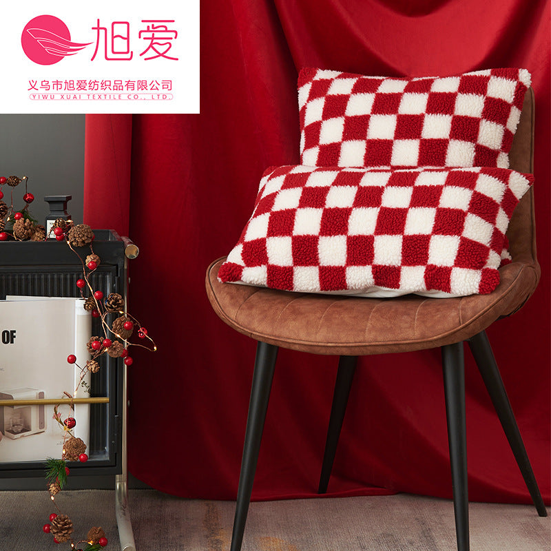 Wholesale Christmas red,  black,  and white checkerboard faux lambskin pillowcase