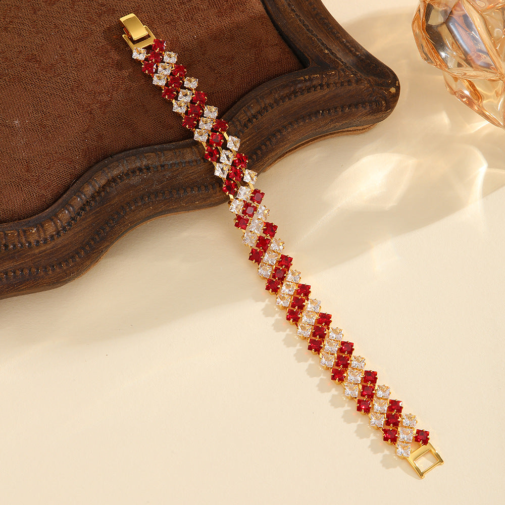 Wholesale Red Multi Row Zircon Bracelet Gold Plated Copper Women S Fashion Jewelry Sparkly Bridal Party Accessory For Resale