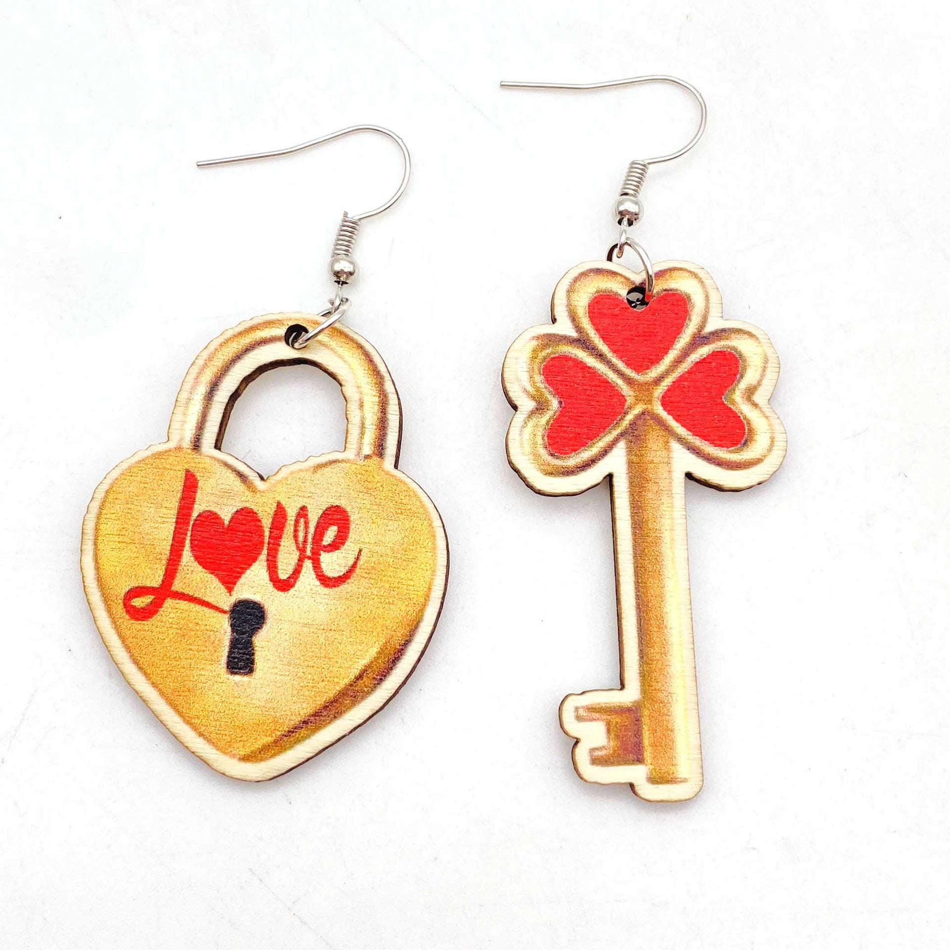 Wholesale Valentine's Day Love Lock Key Wooden Earrings