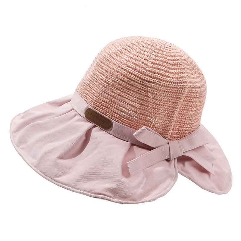 Wholesale Letter Logo Hollow Straw Knitted Large Brim Bucket Hat with Back Slit