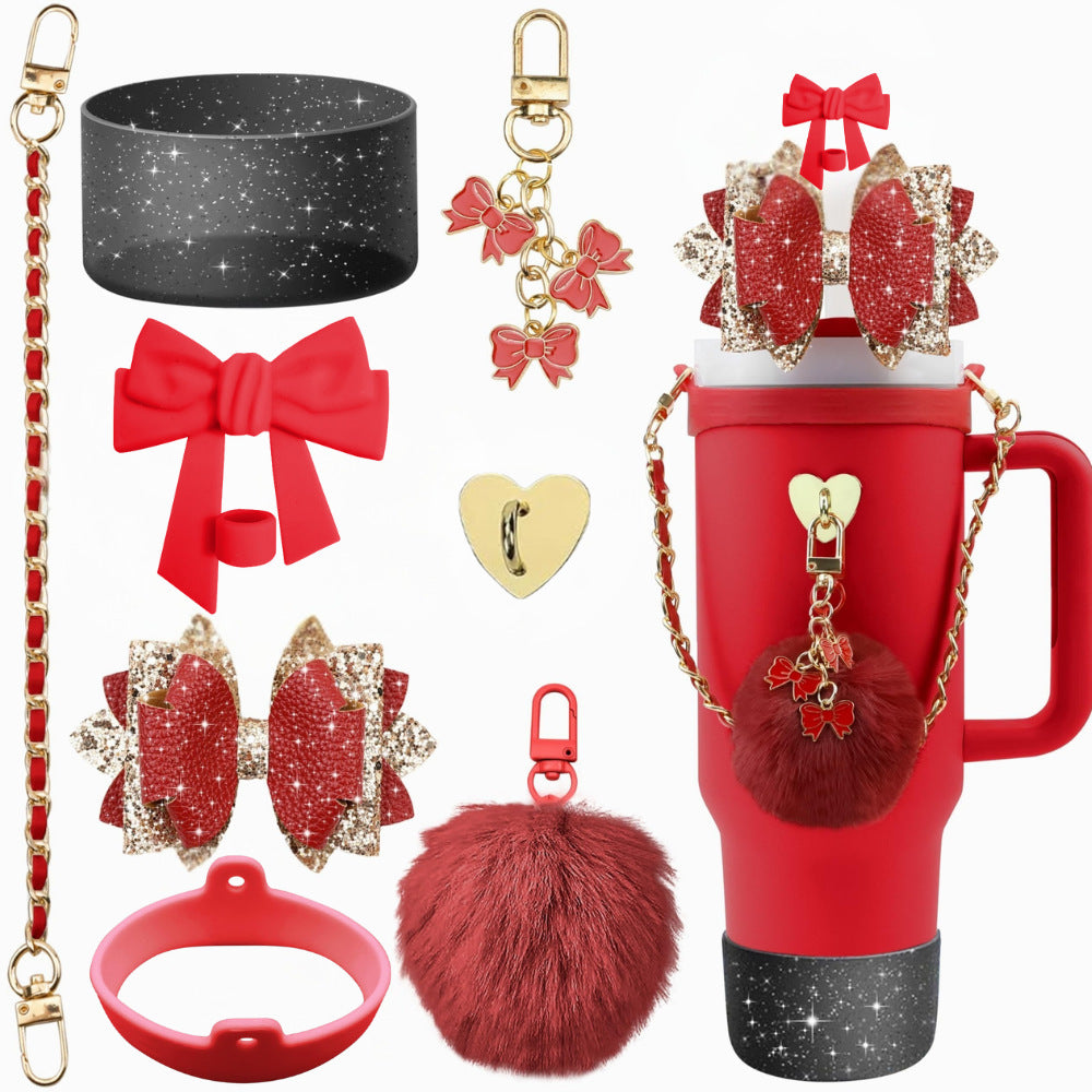 Wholesale mug accessories portable chain bow straw decorative silicone cup set cup chain flower pendant