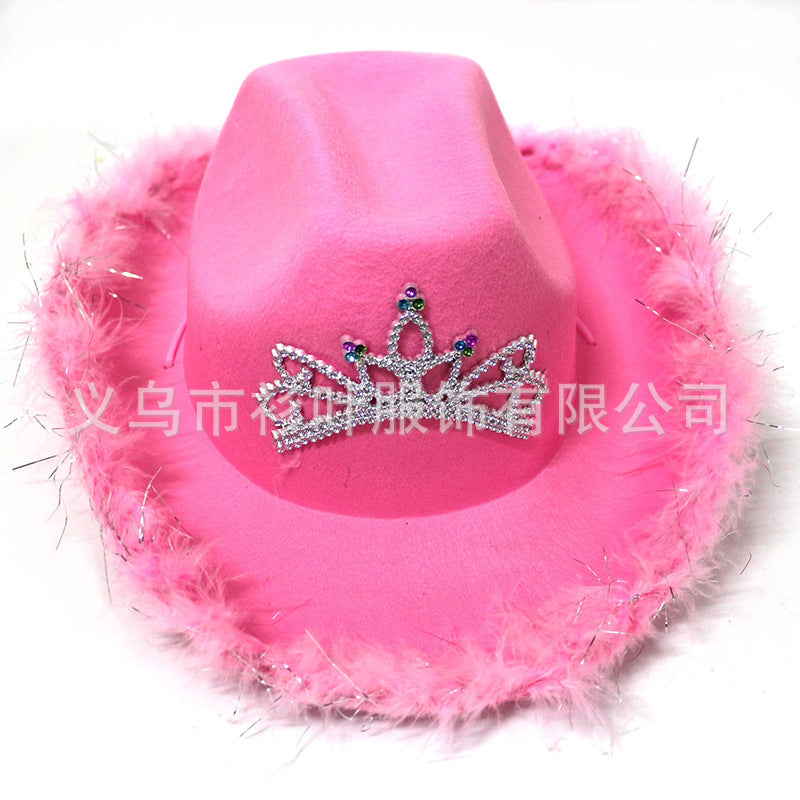 Wholesale Feather-trimmed lettering sequined pink crown cowboy hat
