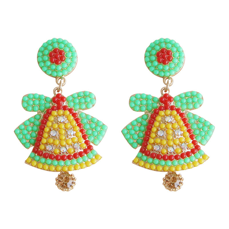 Wholesale Christmas Alloy Rice Beads Diamond Bell Earrings