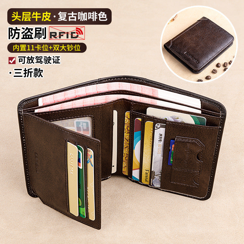 Wholesale Men's Wallet RFID Anti-theft Brushed Genuine Leather Wallet