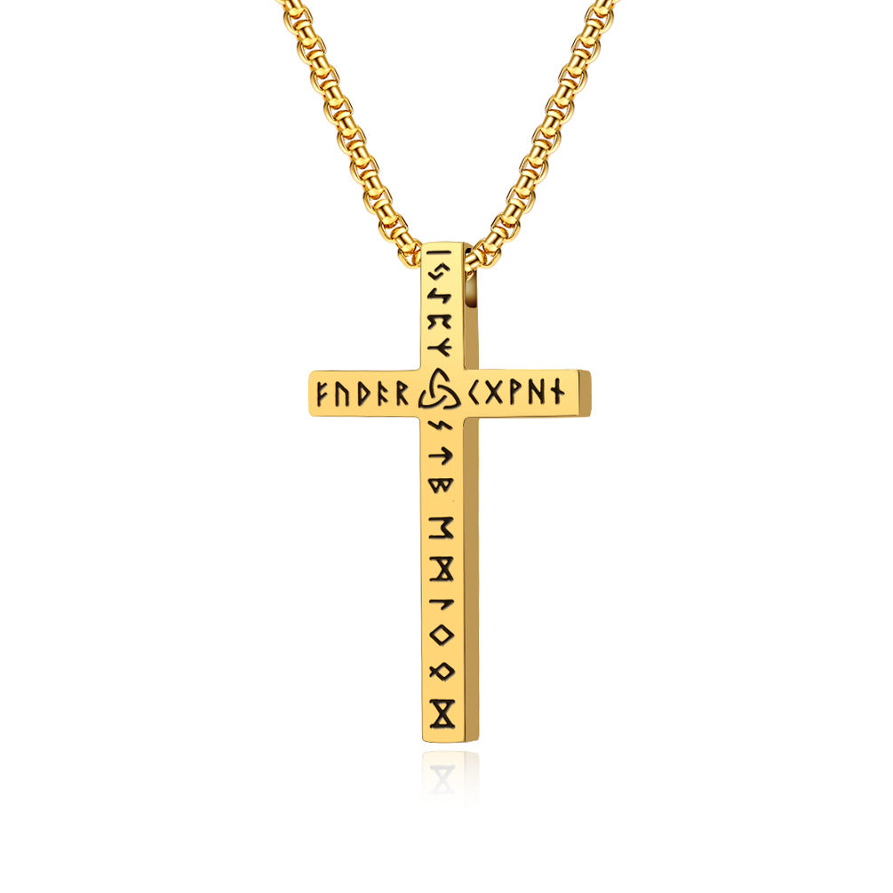 Wholesale Viking text titanium steel polished cross necklace rune genderless cross pendant