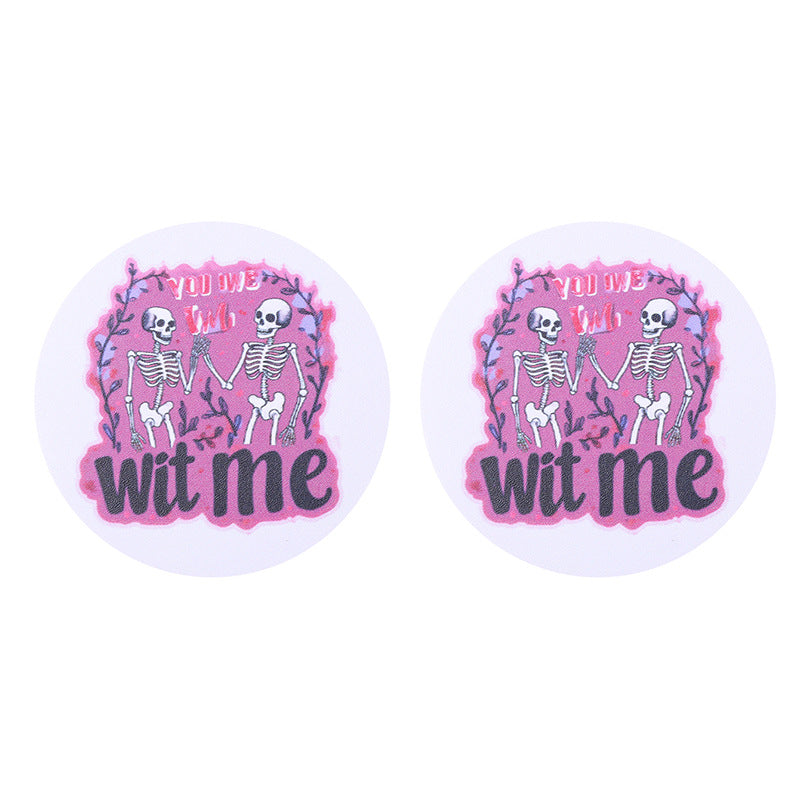 Wholesale Couple Love Heart Crane Santa Claus Skull Pattern Water Absorbent Round Leather Coaster