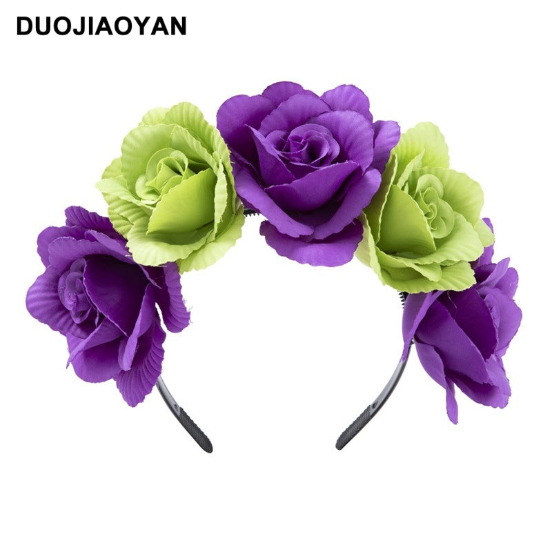 Wholesale Carnival artificial fabric rose purple green big flower headband