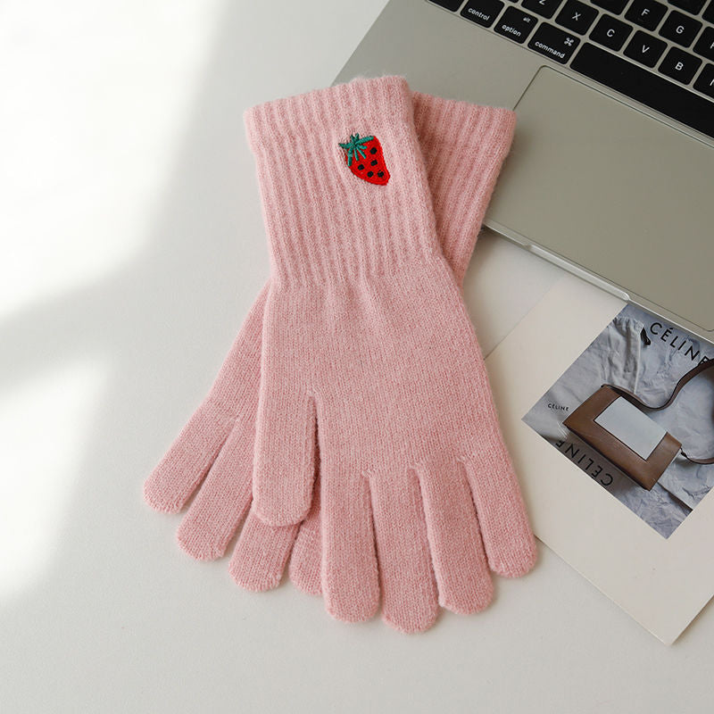 Wholesale Autumn Long Wrist Strawberry Cold and Warm Touch Screen Solid Color Knitted Gloves