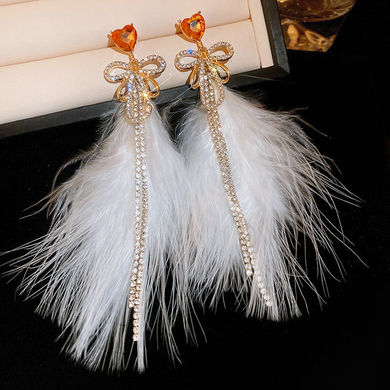 Wholesale Diamond studded bow feather tassel earrings