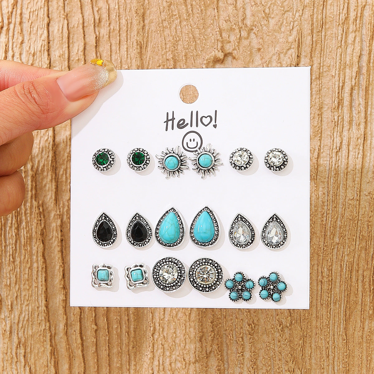 Wholesale Vintage Tibetan Floral Imitation Turquoise Earring Set 9 Pairs Geometric Boho Chic Jewelry Accessory