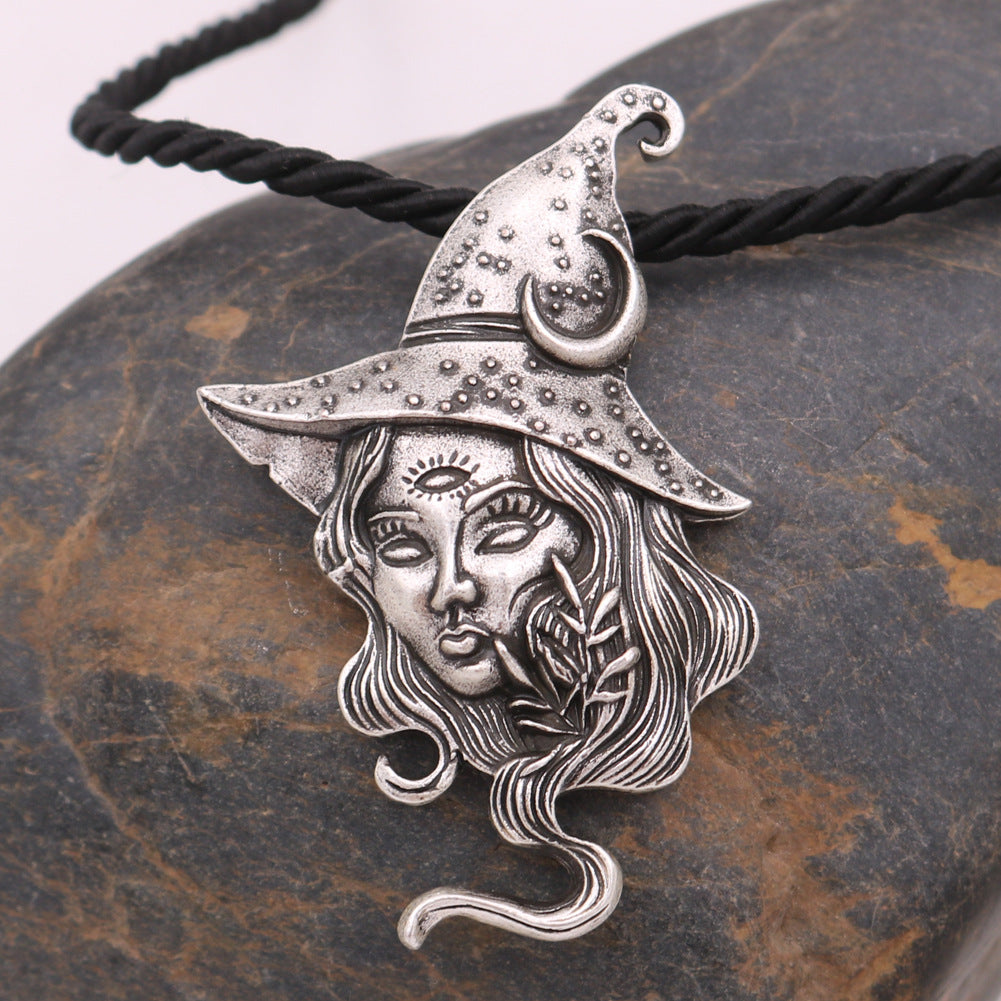 Wholesale Vintage long-haired witch necklace sun and moon witch pendant