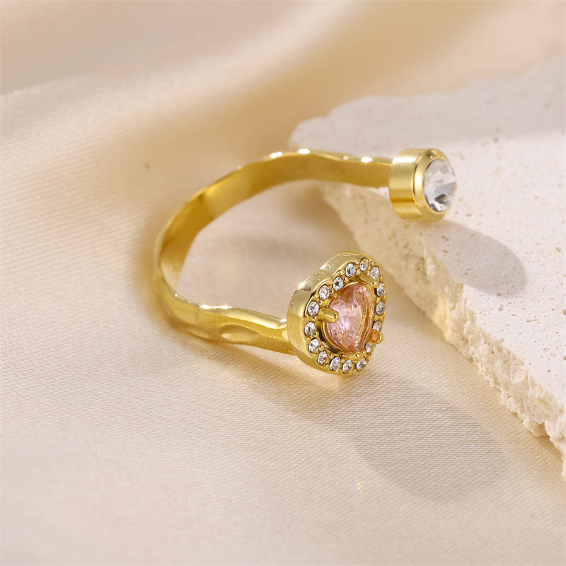 Wholesale Stainless Steel Diamond Inlaid Heart Adjustable Zircon Ring