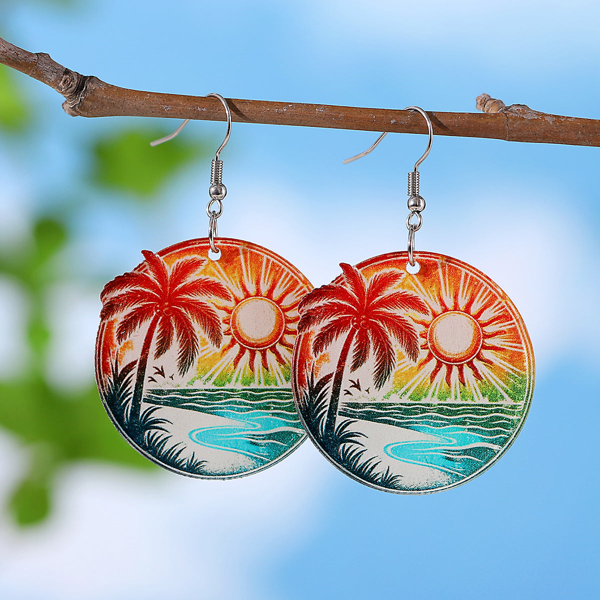 Wholesale New Holiday Style Colorful Tropical Palm Tree Coconut Tree Sun Acrylic Pendant Earrings Beach Earrings