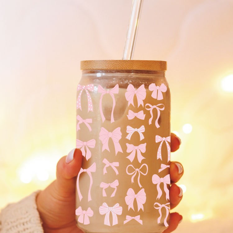 Wholesale Pink flower bow 16oz Cup UV DTF Wraps