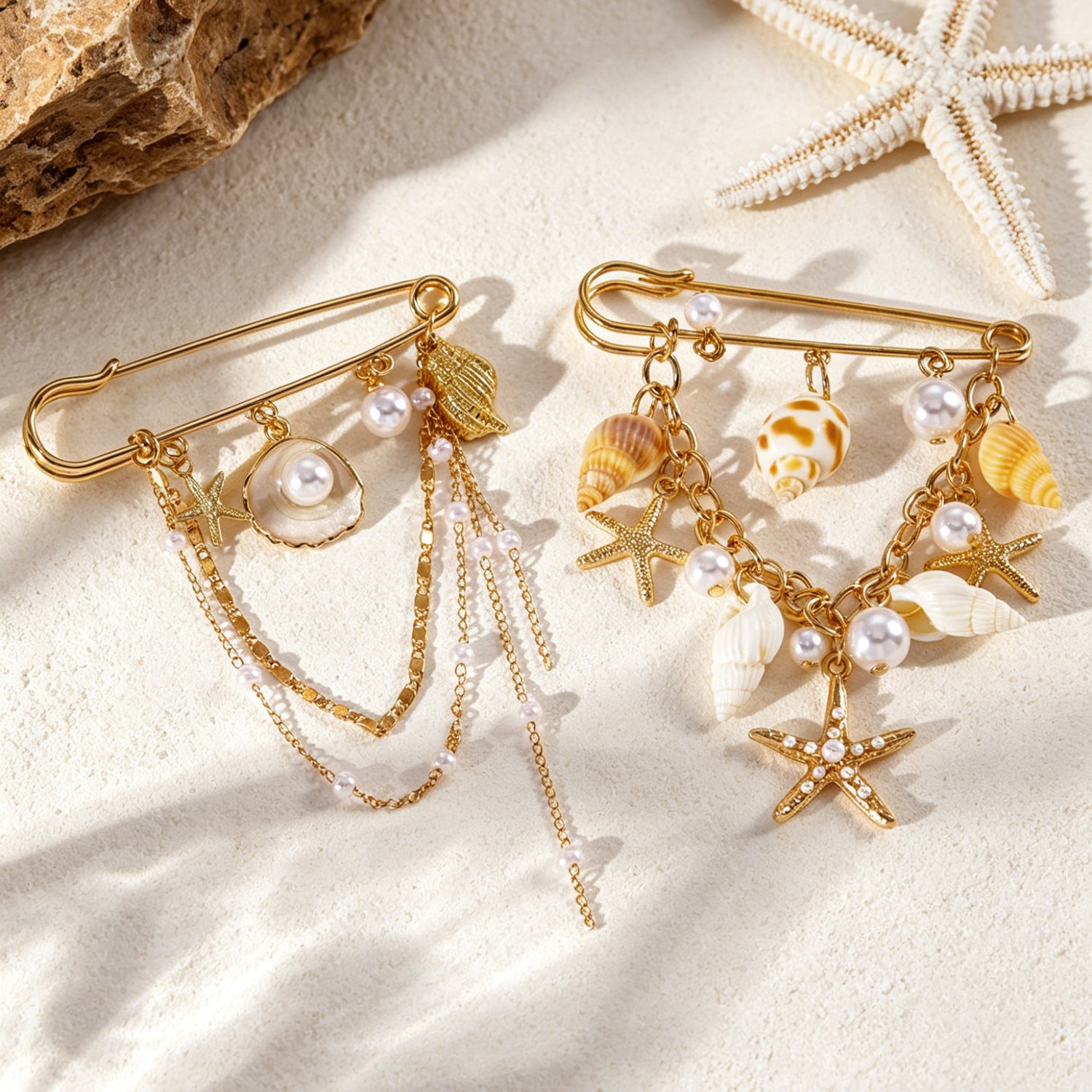 Wholesale Alloy Gold Beach Brooch Pendant Starfish Shell Imitation Pearl Women S Multifunctional Pants Chain Clip Everyday Jewelry Accessory Gift