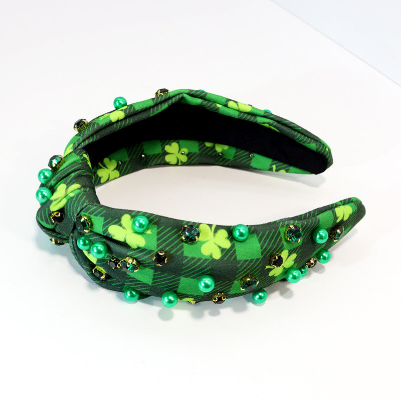 Wholesale Diamond Check Headband Retro Wide-rim Printed Plant Clover Knotted Headband Holiay Hair Accessories