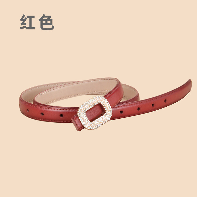 Wholesale Versatile Genuine Leather Belt with Round Buckle Inlaid with Pearls and Rhinestones