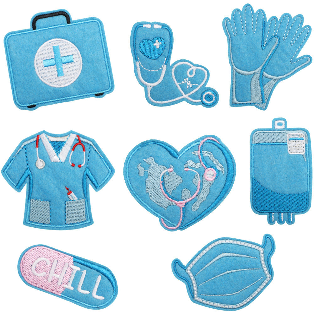 Wholesale Modern Red Blue Medical Rescue Team Embroidered Patches Cartoon Stethoscope Polyester Clothing Decoration Gift