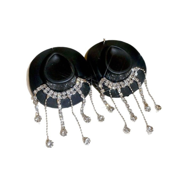 Wholesale Exaggerated rhinestone earrings hip-hop cowboy hat diamond tassel ear hooks