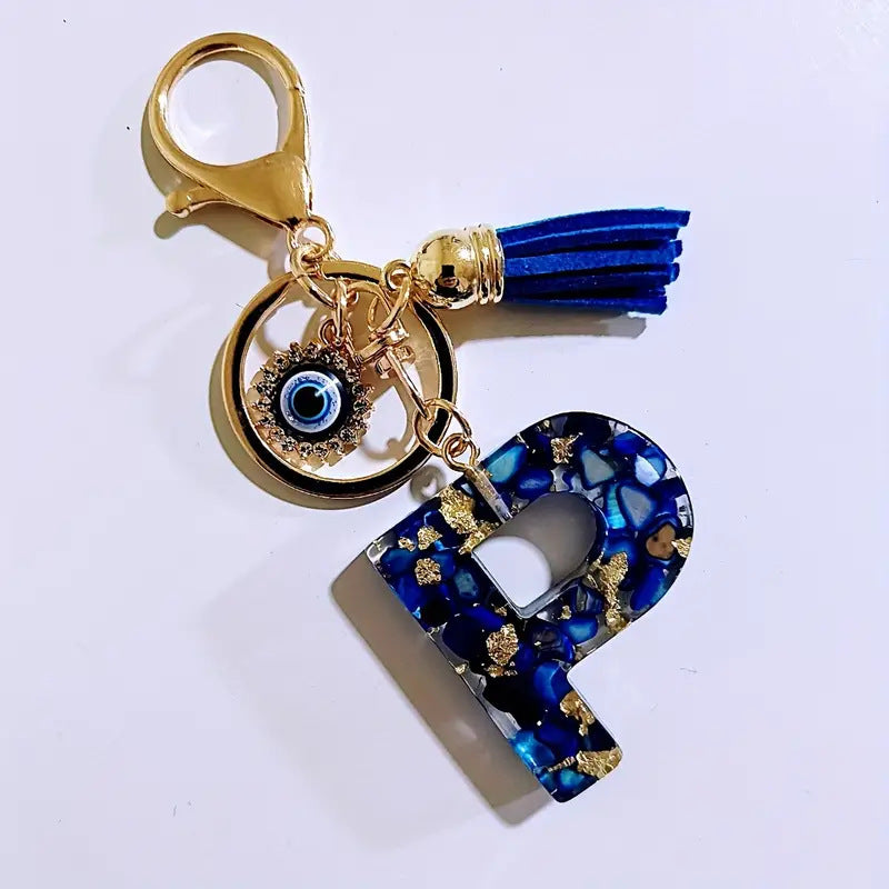 Wholesale Blue English letter Evil Eye tassel keychain
