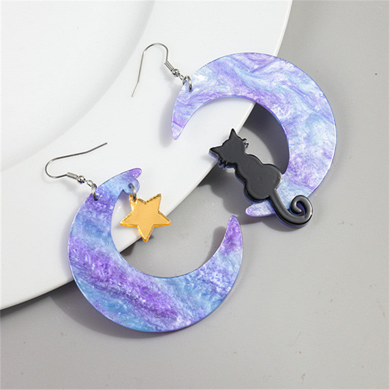 Wholesale Asymmetric Acrylic Moon Cat Creative Exaggerated Earrings