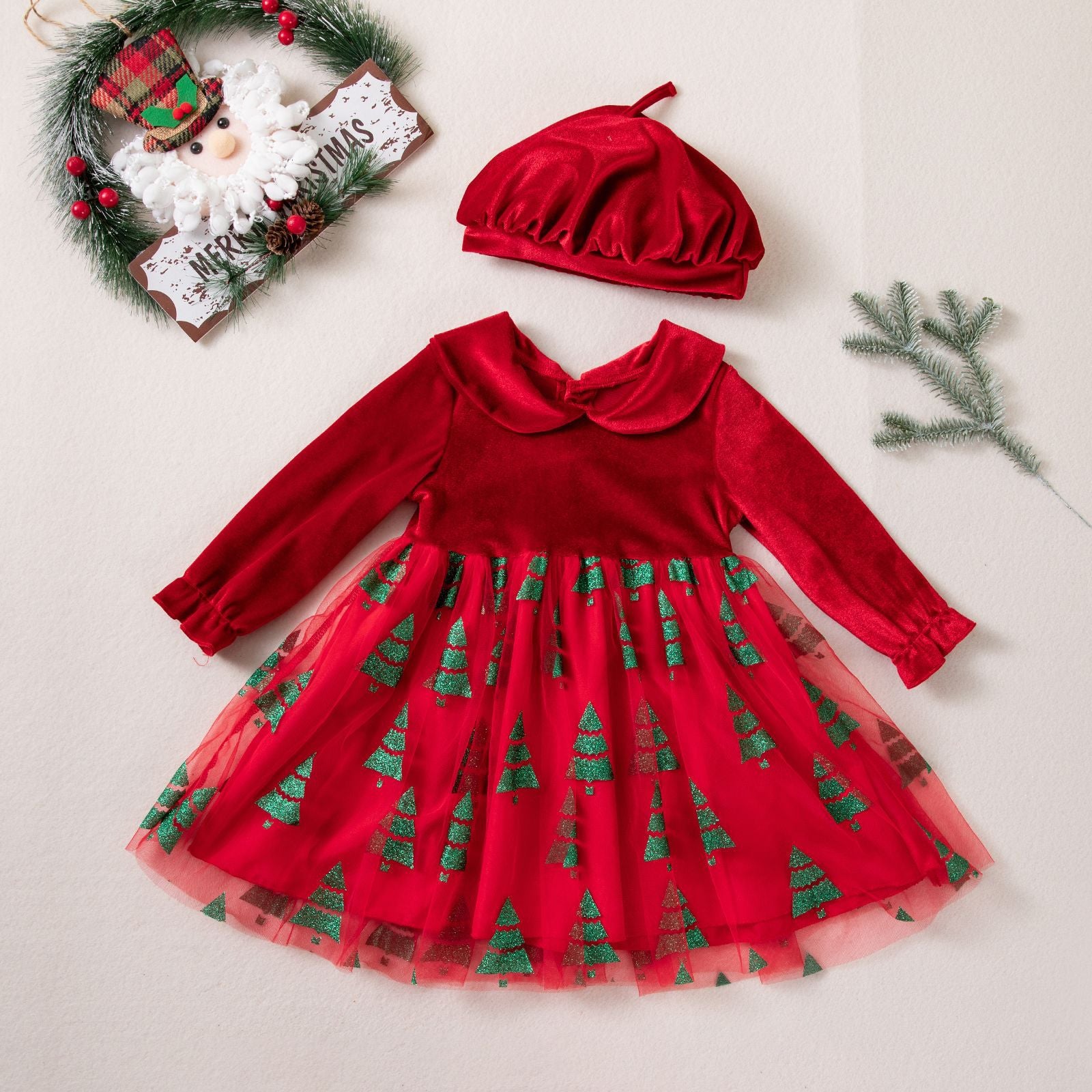 Wholesale Velvet Baby Girl Christmas Dress With Doll Collar And Christmas Tree Tulle Newborn Holiday Photography Outfit