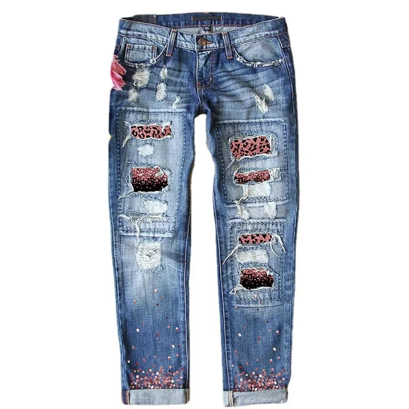 Wholesale Leopard Print Hole Print Pants Casual Loose Washed Jeans