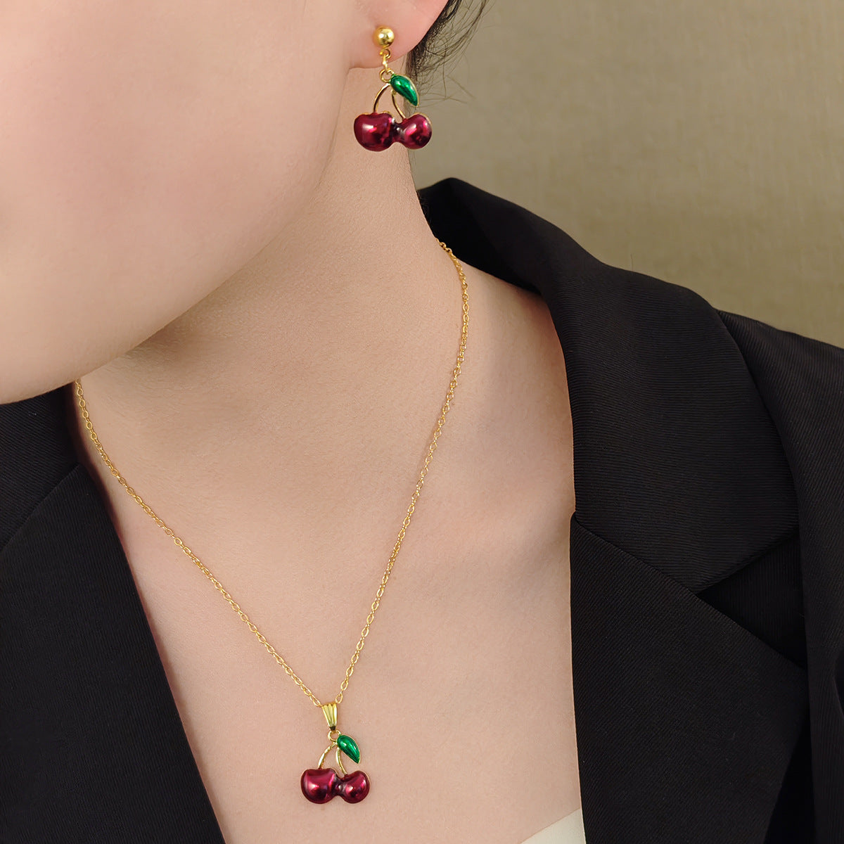 Wholesale Red Cherry Clavicle Chain Earrings Jewelry Set