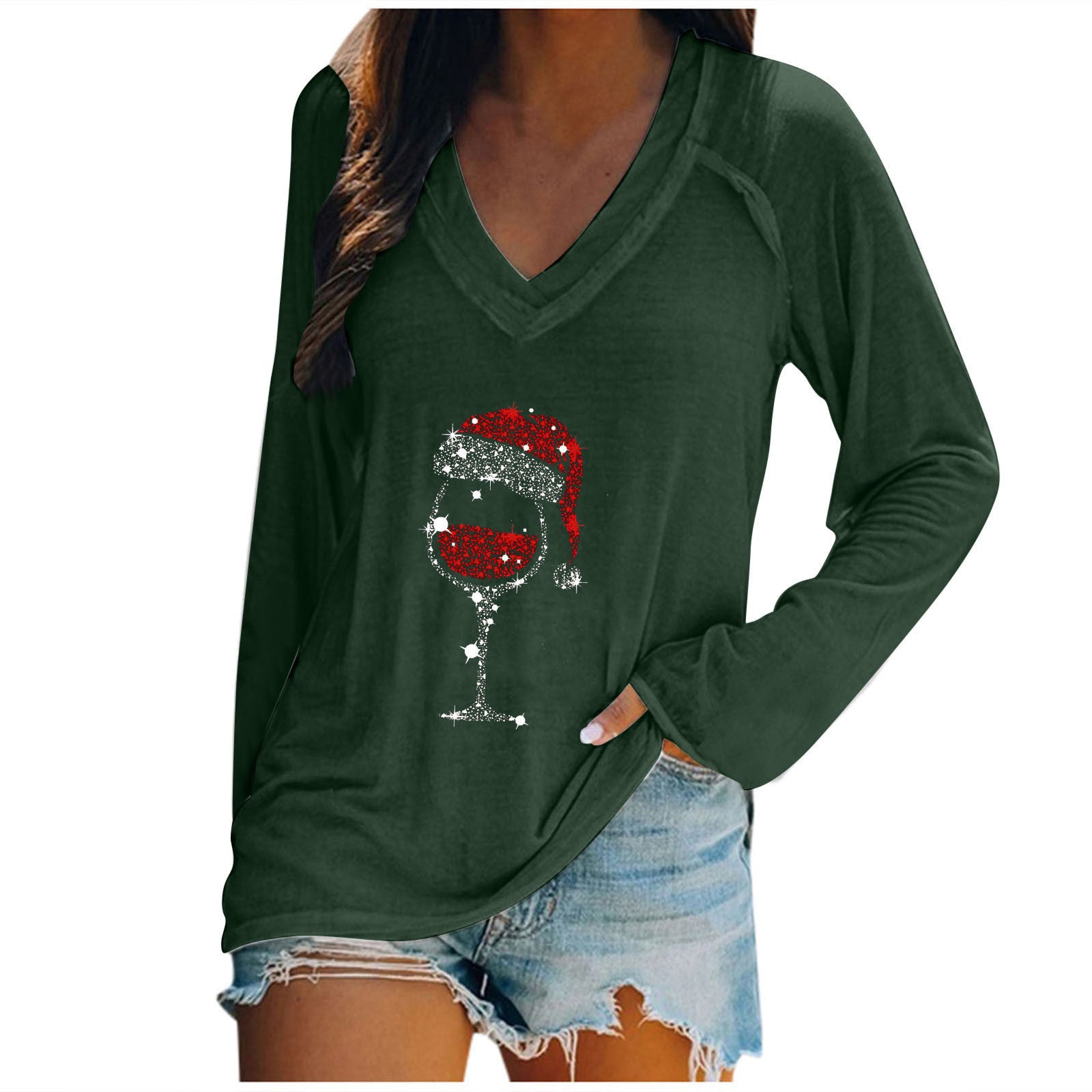 Wholesale Valentine's Day Long Sleeve Women's Long Sleeve Cup Printing Long Sleeve V-neck T-shirt