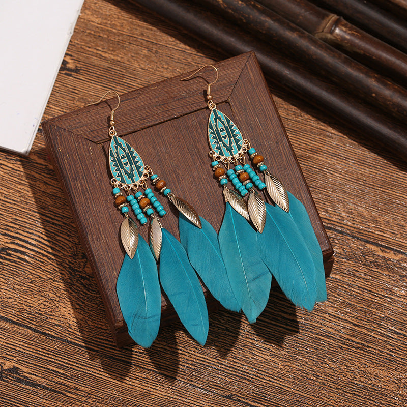 Wholesale Retro Pattern Long Rice Bead Tassel Earrings