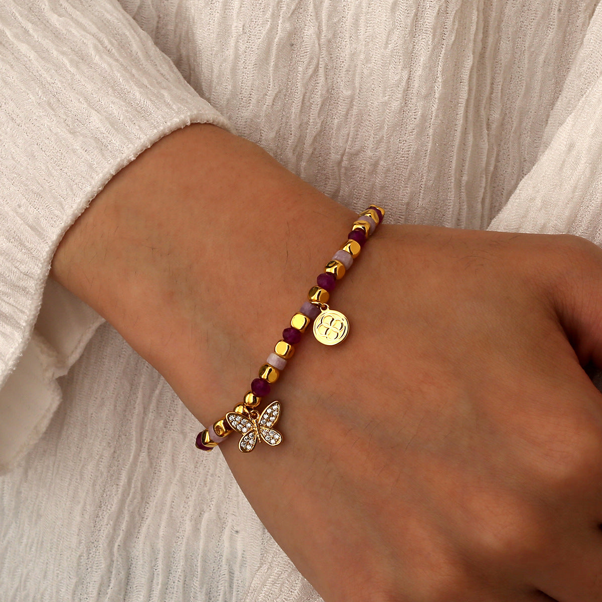 Wholesale Bohemian butterfly inlaid zircon beads rose quartz chalcedony bracelet