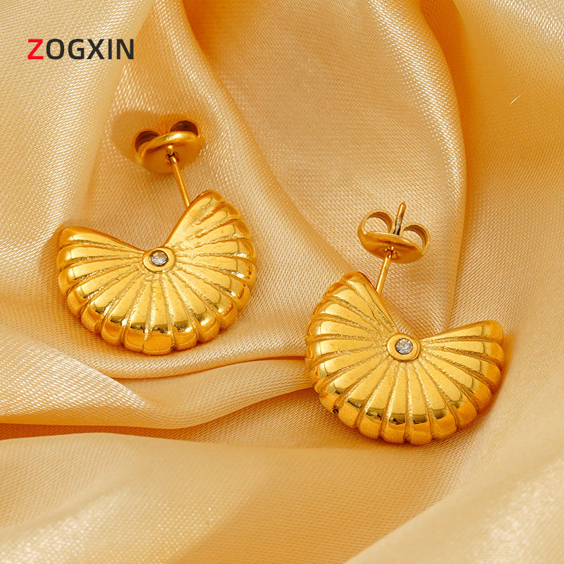 Wholesale Fan-shaped threaded titanium steel earrings for women, geometric vertical stripes earrings