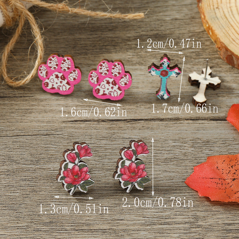 Wholesale Valentine's Day Cat Claw Cross Rose Wooden Earrings