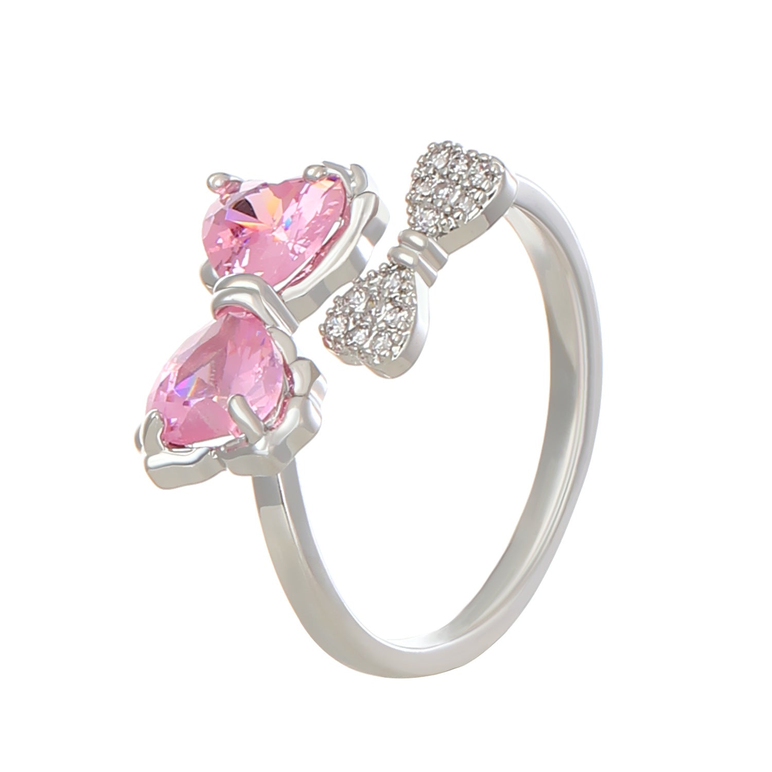 Wholesale Vintage Metal Bow Ring Micro-Inlaid Pink Zirconia Open Ring