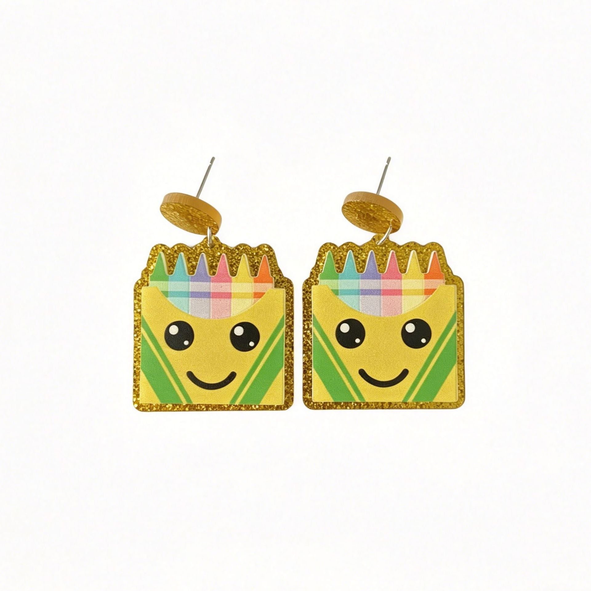 Wholesale Gold Tone Acrylic Crayon Box Earrings School Theme Cute Fashion Accessory For Women Gift