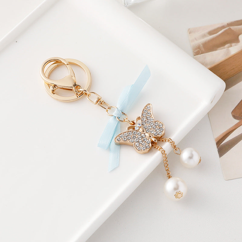 Wholesale Pearl Alloy Butterfly Tassel Keychain