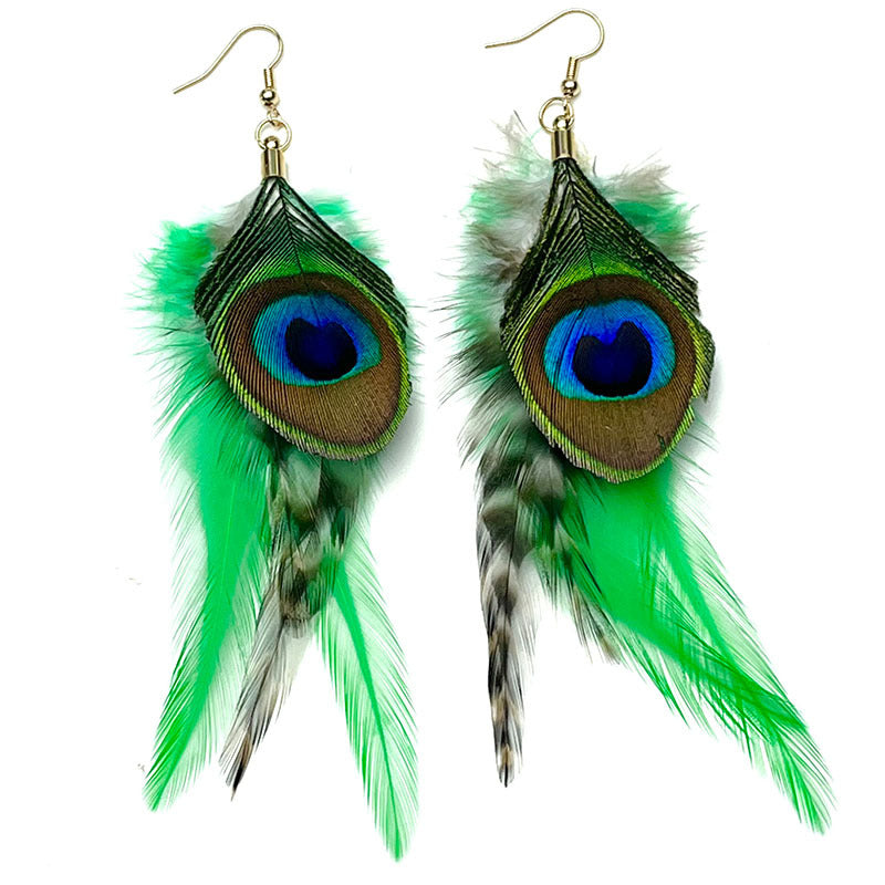 Wholesale Feather Purple Yellow Green Peacock Feather Wild Atmosphere Earrings