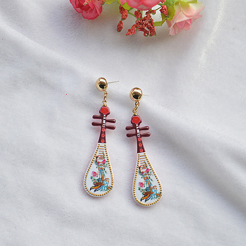 Wholesale Vintage Imitation Musical Instrument Metal Dripping Oil Pipa Long Tassel Earrings