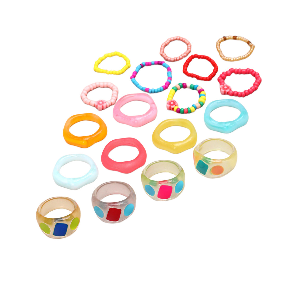 Wholesale of New Colored Rice Bead Flower Shaped Resin 18 Ring Sets