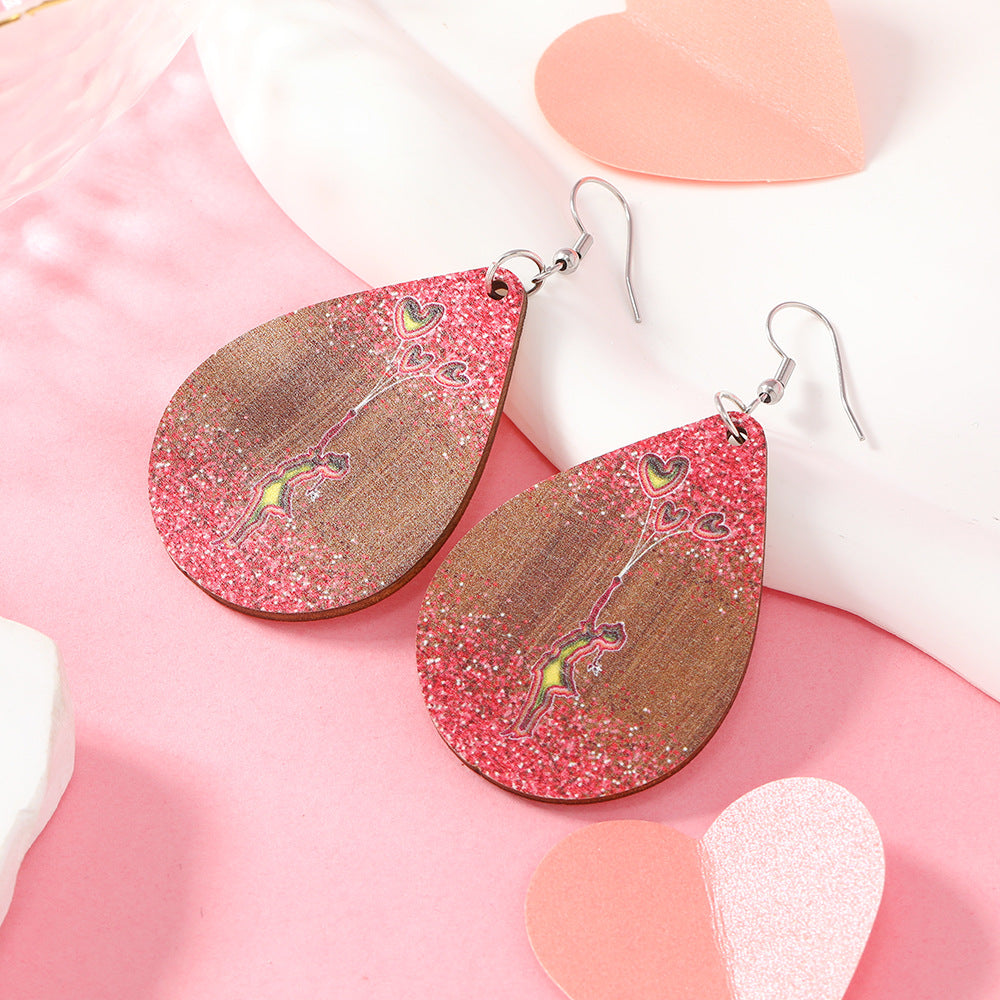 Wholesale Valentine's Day Sunflower Balloon Droplet Shaped Pendant Wooden Earrings