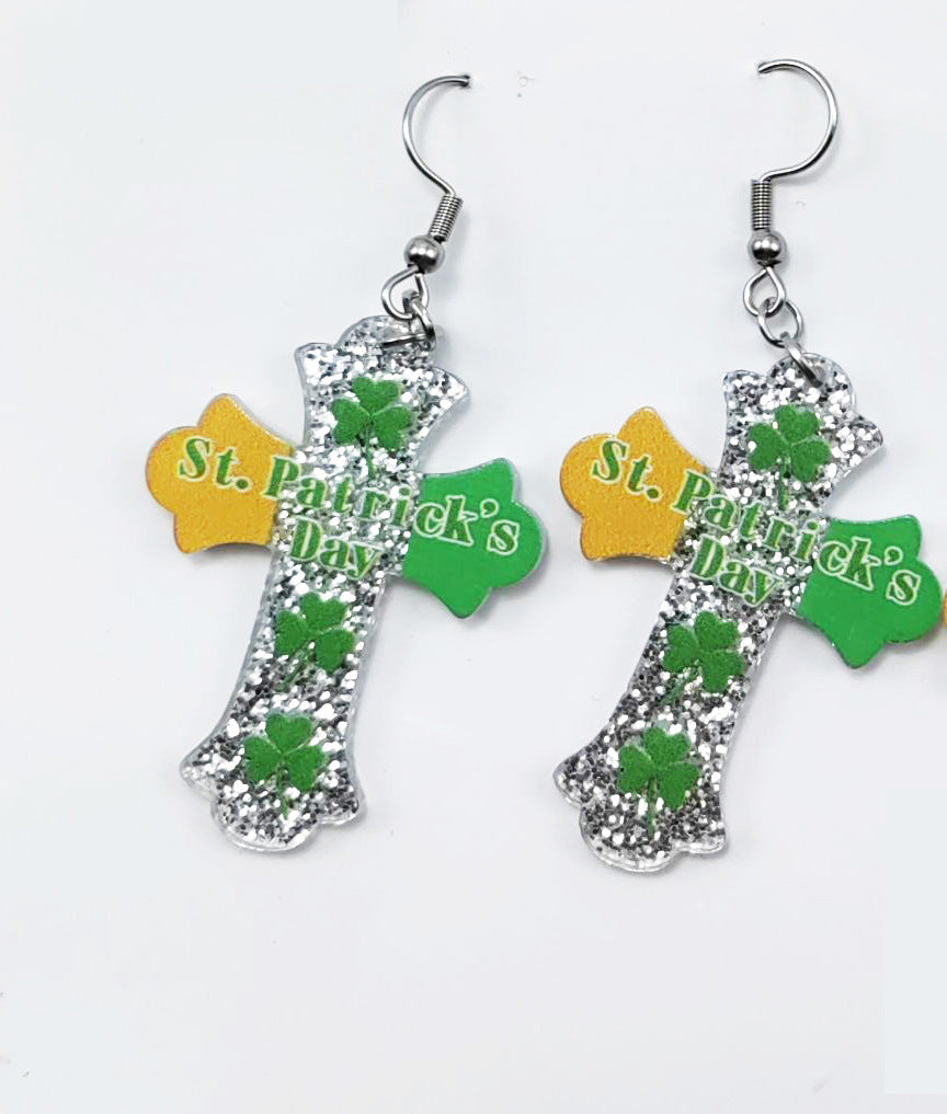 Wholesale St.  Patrick' s Day Green Cross Acrylic Earrings Necklace