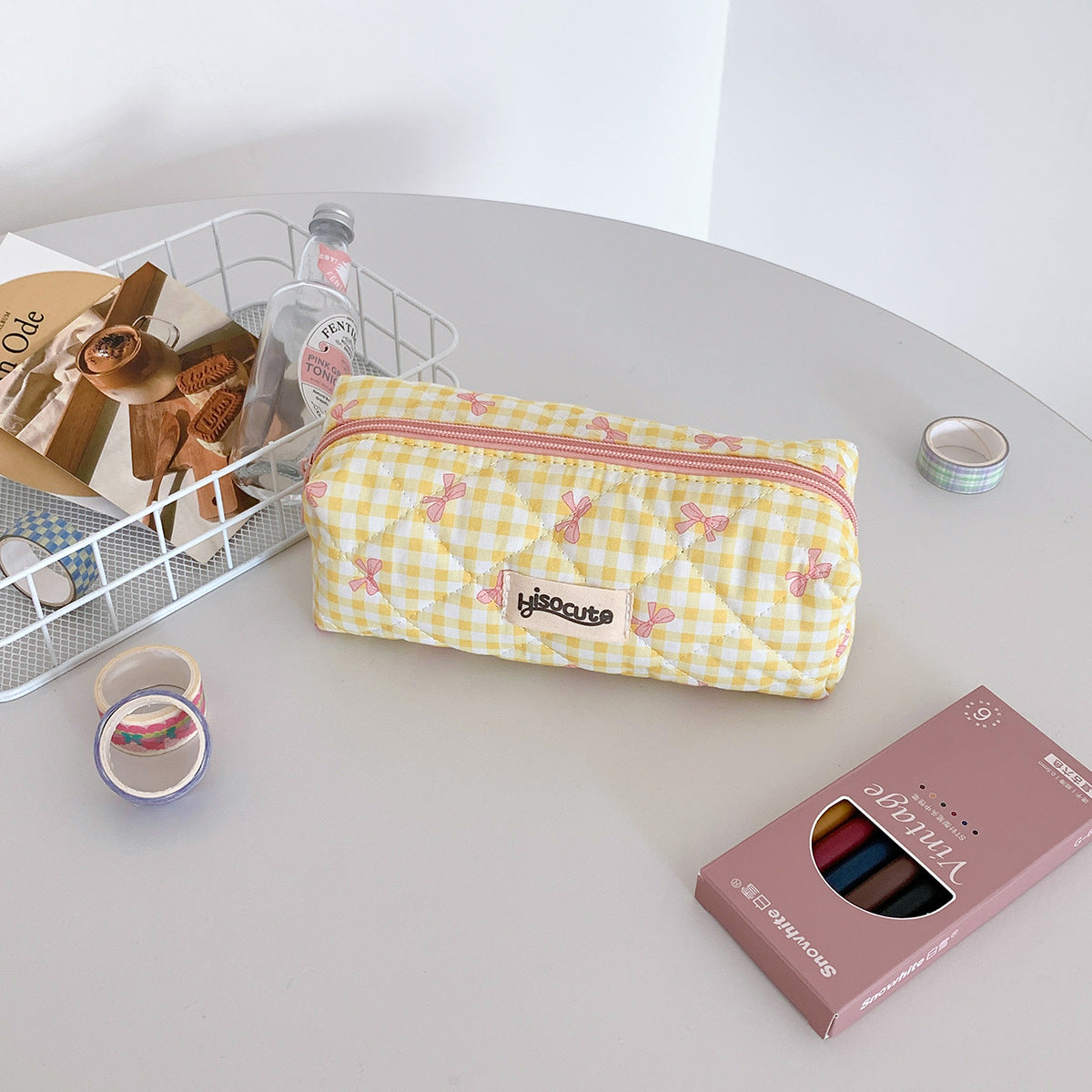 Wholesale  Cream Color Plaid Bow Polyester Pencil Case