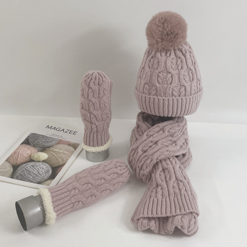 Wholesale Winter Velvet Warm Knitted Beanie Thickened Scarf Gloves Three-piece Set
