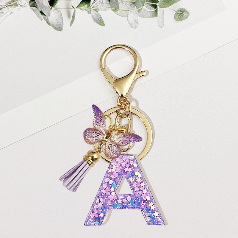 Wholesale Pink sequined butterfly 26 letter Sequin Keychain