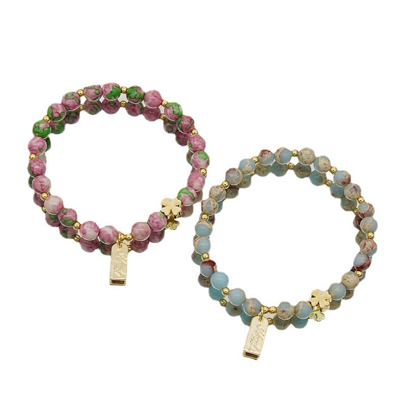 Wholesale Colorful Round Bead Four-leaf Clover Sweet Garnet Bracelet